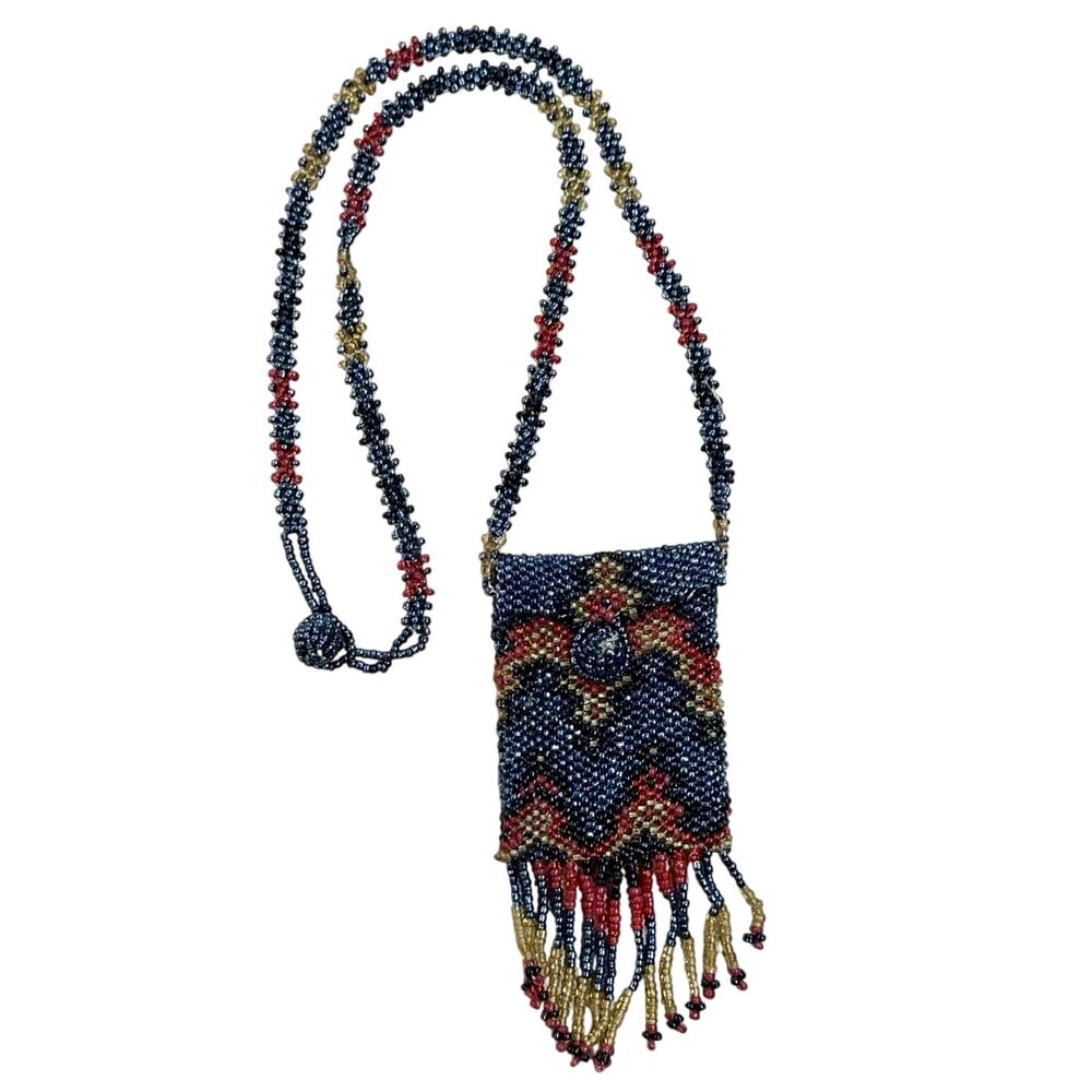 VTG Multi Color Seed Bead Pouch Necklace Amulet Sachet Medicine Bag Fringe Boho‎